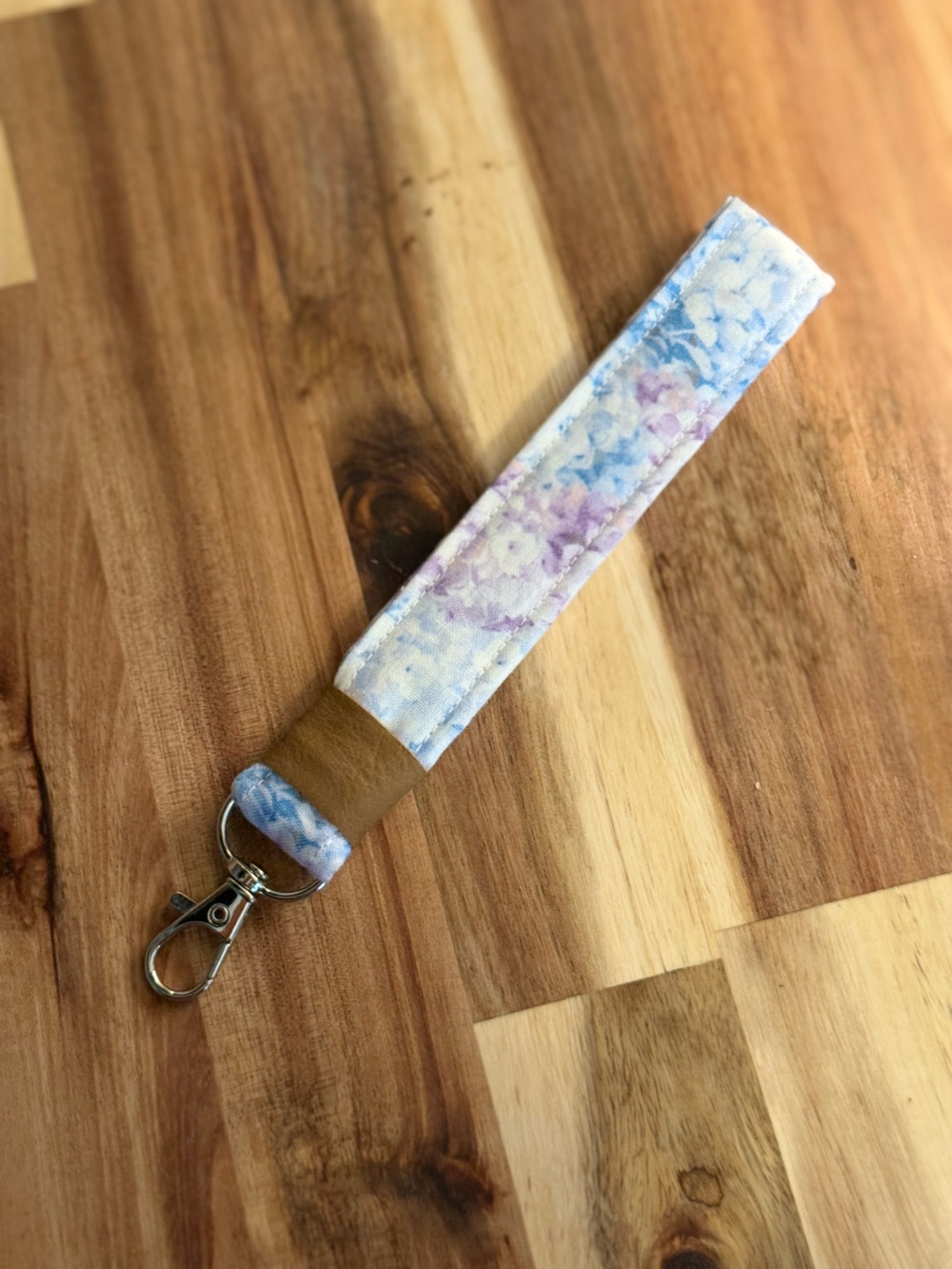 Floral Lavender & Blue Wristlet Key Holder with Tan Accent